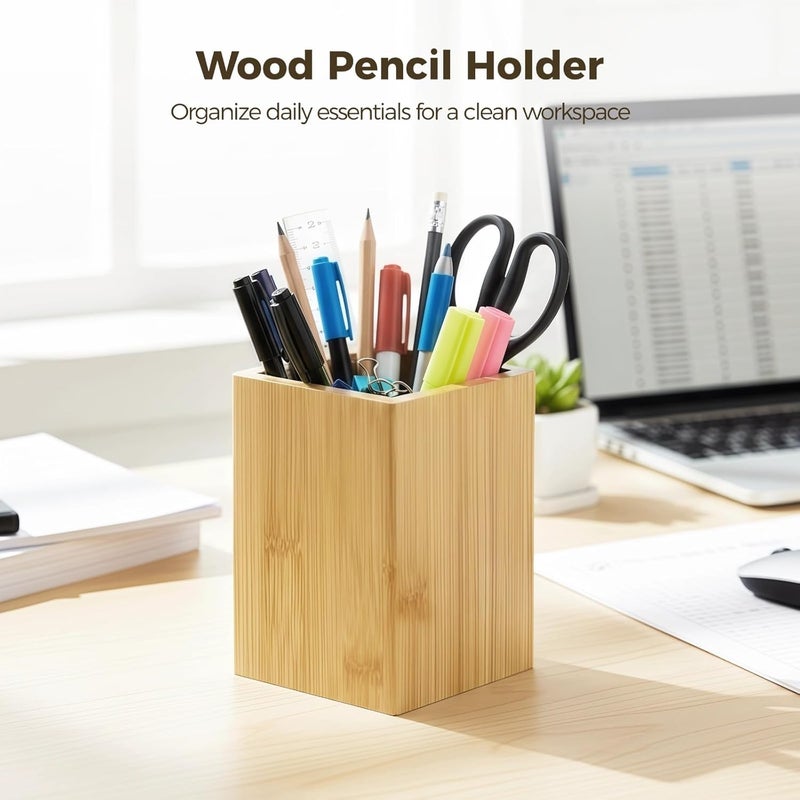 2 Pcs Multi-Use Wood Pen Cup, 3.9 X 3.1 In Wood Pencil Holder, Desktop Organizer For Home & Office Accessories - Image 5