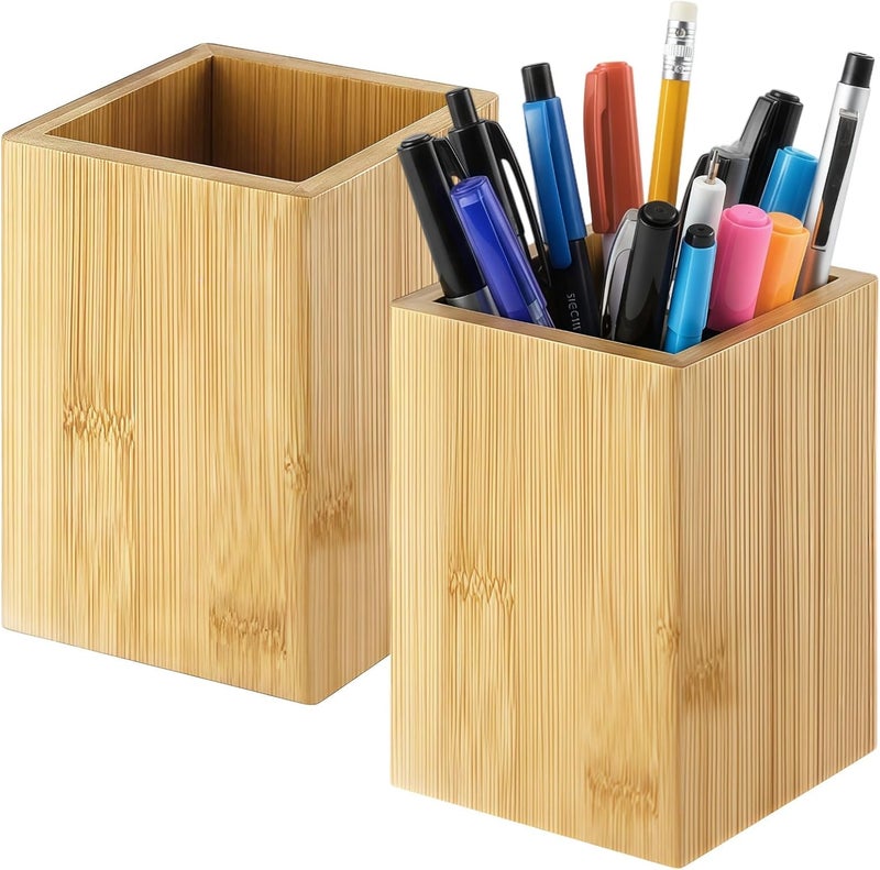 2 Pcs Multi-Use Wood Pen Cup, 3.9 X 3.1 In Wood Pencil Holder, Desktop Organizer For Home & Office Accessories - Image 1