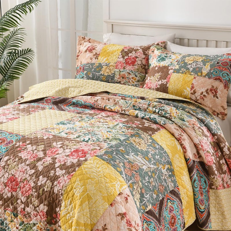 ENASAL Cotton Bedspread Quilt Sets Reversible Bedding Coverlet Sets Luxury Vintage Rustic Gorgeous Paisley Floral Yellow Real Patchwork Bedspread, King Size - Image 3