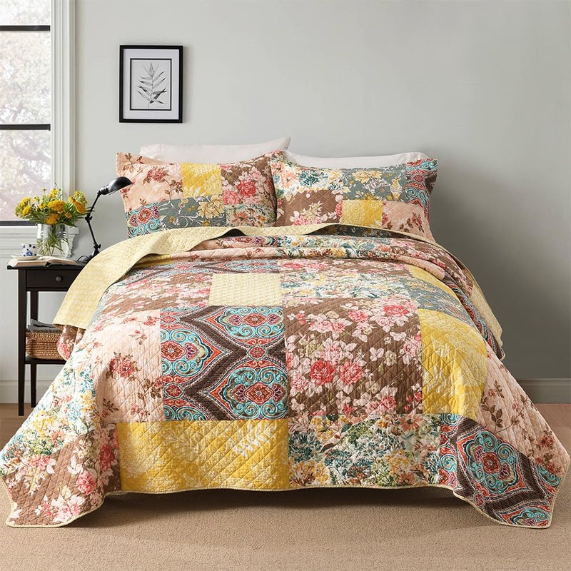 ENASAL Cotton Bedspread Quilt Sets Reversible Bedding Coverlet Sets Luxury Vintage Rustic Gorgeous Paisley Floral Yellow Real Patchwork Bedspread, King Size - Image 2