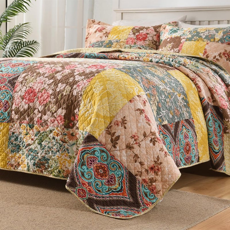 ENASAL Cotton Bedspread Quilt Sets Reversible Bedding Coverlet Sets Luxury Vintage Rustic Gorgeous Paisley Floral Yellow Real Patchwork Bedspread, King Size - Image 5