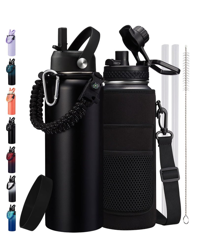 ICIOI 40 oz Insulated Water Bottle - Cold 48H & Hot 24H  Reusable Metal Water Bottle Hydro Cup with Paracord Handle Straw Spout Lids  Carrier Bag  Wide Mouth Thermal Mug for Sports Fitness Hiking - Image 1