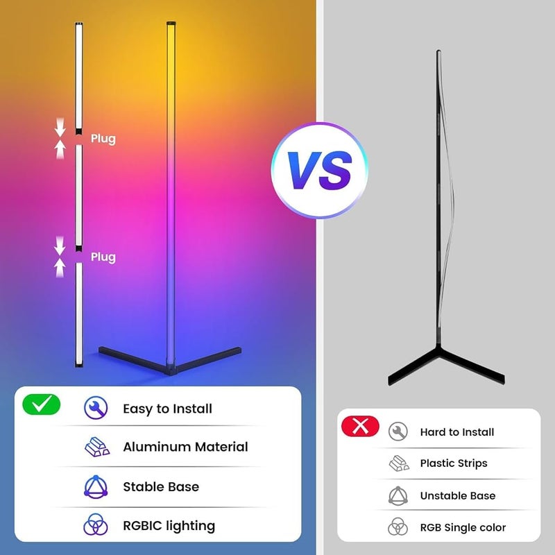نيوفانتي مصباح زاوية LED، مصباح أرضي زاوية RGB مع تطبيق وجهاز تحكم عن بعد، 16 مليون لون وأكثر من 68 وضع إضاءة ديناميكي مع تزامن مع الموسيقى لغرفة المعيشة، غرفة النوم، غرفة الألعاب - Image 3