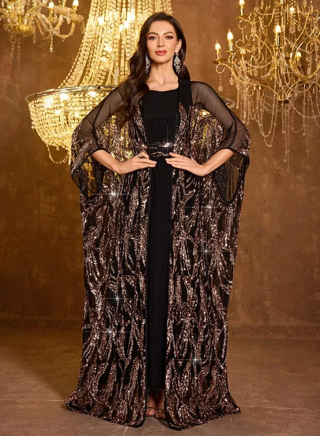 Supgir Sequin Detail Batwing Sleeve Kimono with Inner Maxi Dress Set