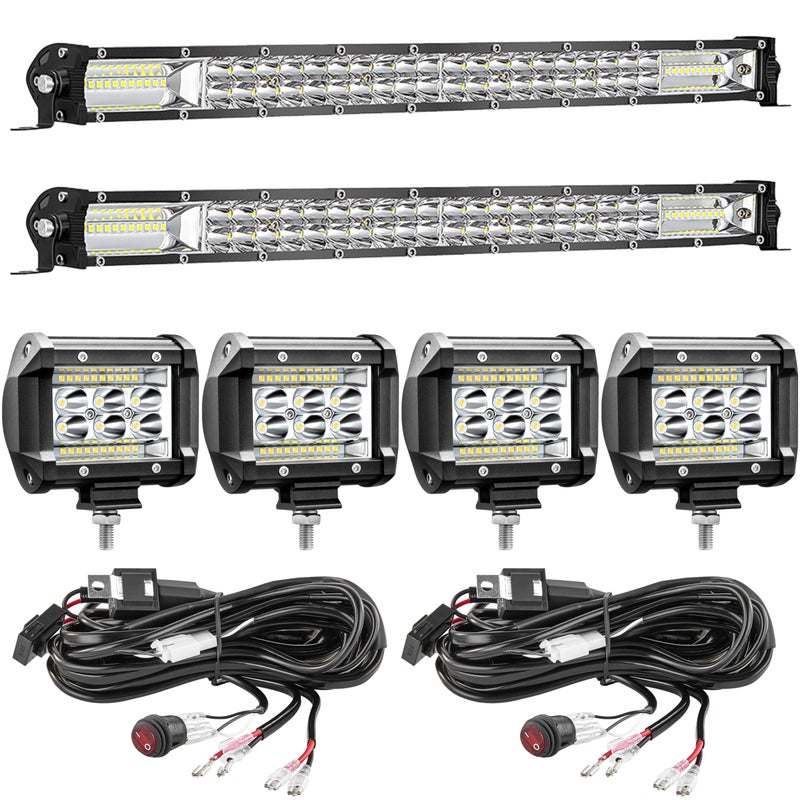 SAN YOUNG LED Light Bar Kit, (2) 20 Inch Slim Light Bars, (4) 4 Inch LED Pods, (2) Wiring Harness, 12V 24V Car Truck ATV UTV SXS RV Tractor Work Lights, Waterproof Off Road Driving Lighting - Image 1