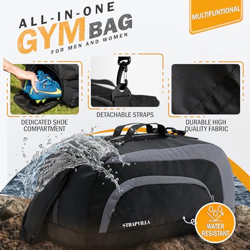 STRAPVILLA Gym Bag for Men with Shoe Compartment | Gym Bag for Women Workout | Duffle Bags for Gym | Sports Bag for Boys | Football Gym Duffle Bag | Travel Duffel Bag for Men | Black 31L - Image 2