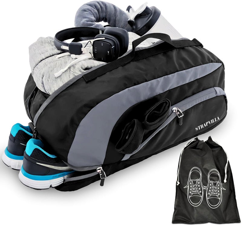 STRAPVILLA Gym Bag for Men with Shoe Compartment | Gym Bag for Women Workout | Duffle Bags for Gym | Sports Bag for Boys | Football Gym Duffle Bag | Travel Duffel Bag for Men | Black 31L - Image 1
