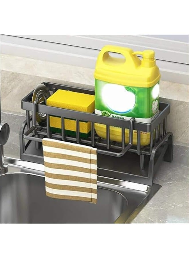 بيوينتي منظم حوض المطبخ مع علبة الصرف الذاتي ، حامل الإسفنجة ، حامل المنشفة والمسح ، منظم المطبخ الأسود مع الخطاف ، اكسسوارات المطبخ والحمام السوبر - Image 2