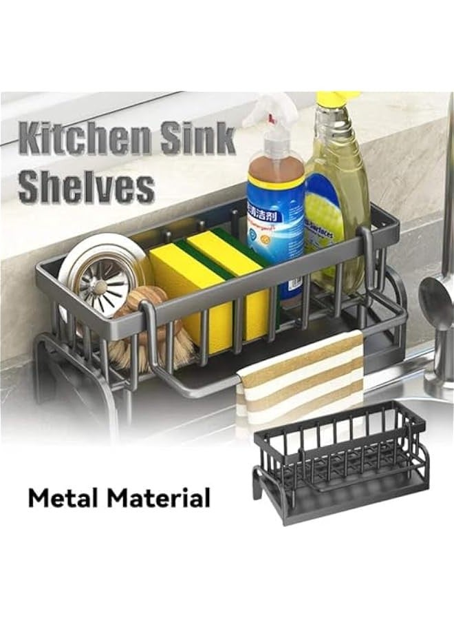 بيوينتي منظم حوض المطبخ مع علبة الصرف الذاتي ، حامل الإسفنجة ، حامل المنشفة والمسح ، منظم المطبخ الأسود مع الخطاف ، اكسسوارات المطبخ والحمام السوبر - Image 3