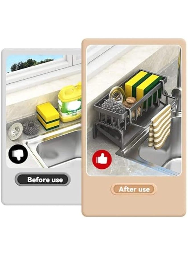 بيوينتي منظم حوض المطبخ مع علبة الصرف الذاتي ، حامل الإسفنجة ، حامل المنشفة والمسح ، منظم المطبخ الأسود مع الخطاف ، اكسسوارات المطبخ والحمام السوبر - Image 4