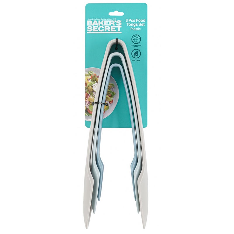 Baker's Secret مجموعة ملاقط الطعام البلاستيكية 3 قطع من بيكرز سيكريت - أدوات مطبخ متينة مقاومة للحرارة للطهي والتقديم والشواء - Image 1