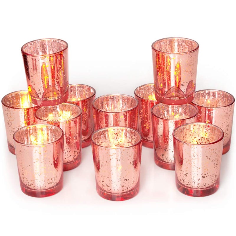 Volens Rose Gold Votive Candle Holders Set of 12, Mercury Glass Tealight Candle Holder Bulk for Wedding Decor and Home Decor - Image 1