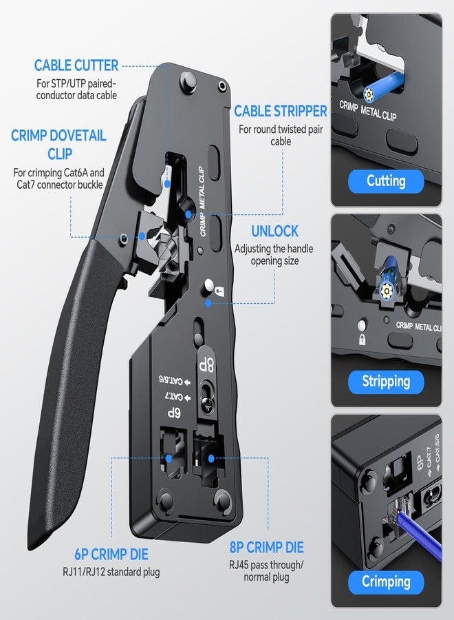 SHGMEET RJ45 Crimping Tool Kit for Cat7 Cat6 Cat5e Cat5, Pass Through Ethernet Crimper for RJ45 RJ12/11 with Rechargeable Network Cable Tester - Image 2