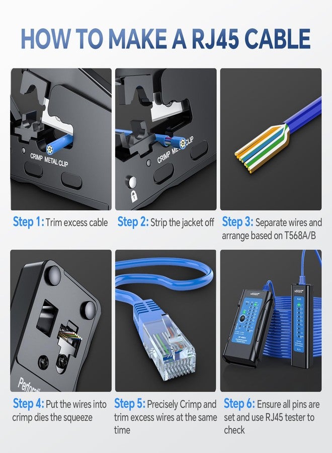SHGMEET RJ45 Crimping Tool Kit for Cat7 Cat6 Cat5e Cat5, Pass Through Ethernet Crimper for RJ45 RJ12/11 with Rechargeable Network Cable Tester - Image 5