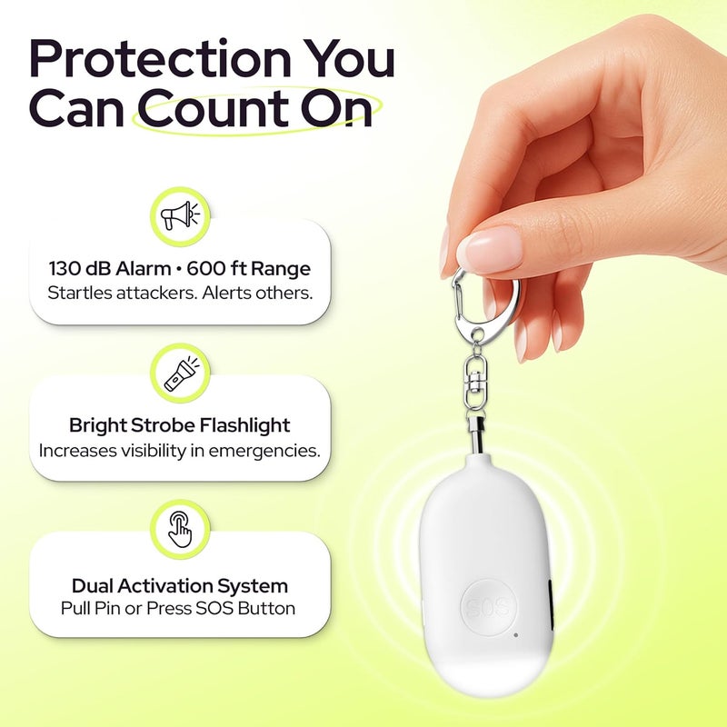 WETEN Rechargeable Personal Alarm Keychain - 130dB Siren & LED Light - Stylish Personal Safety Alert for Women to Carry - Panic Button Alarm for Security - Rape Whistle for Self Defense (White) - Image 2