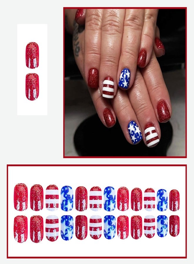 KKUUOO 24Pcs 4th of July Patriotic Press on Nails,Short Square Fake Nails with American Flag Glitter Designs Full Cover Acrylic Glossy Stick on Nails Independence Day Press ons for Women Nail Art - Image 5