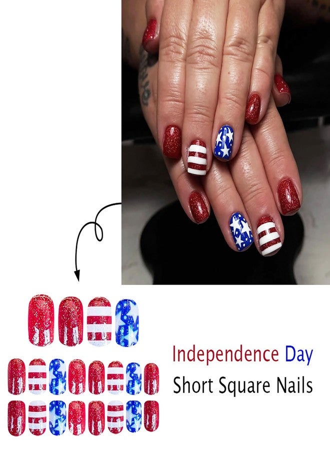 KKUUOO 24Pcs 4th of July Patriotic Press on Nails,Short Square Fake Nails with American Flag Glitter Designs Full Cover Acrylic Glossy Stick on Nails Independence Day Press ons for Women Nail Art - Image 4