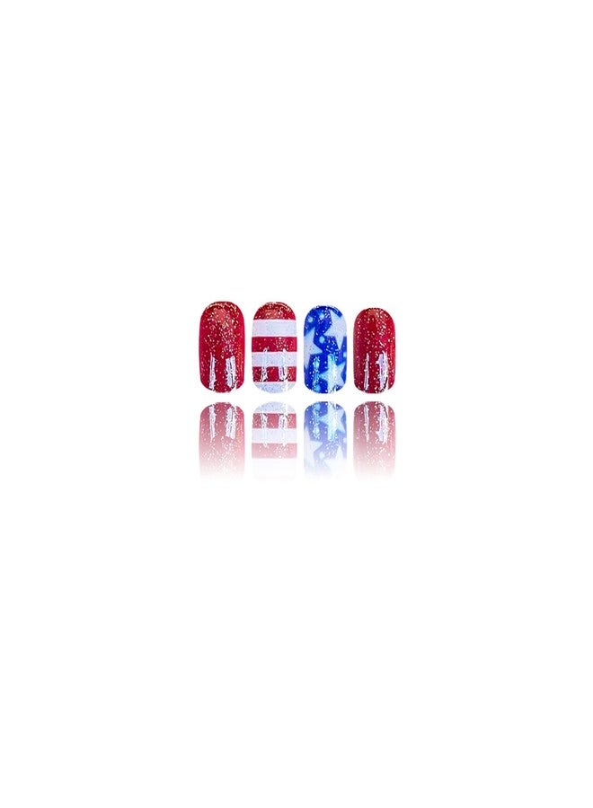 KKUUOO 24Pcs 4th of July Patriotic Press on Nails,Short Square Fake Nails with American Flag Glitter Designs Full Cover Acrylic Glossy Stick on Nails Independence Day Press ons for Women Nail Art - Image 2