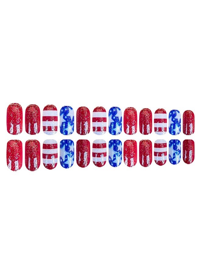 KKUUOO 24Pcs 4th of July Patriotic Press on Nails,Short Square Fake Nails with American Flag Glitter Designs Full Cover Acrylic Glossy Stick on Nails Independence Day Press ons for Women Nail Art - Image 3