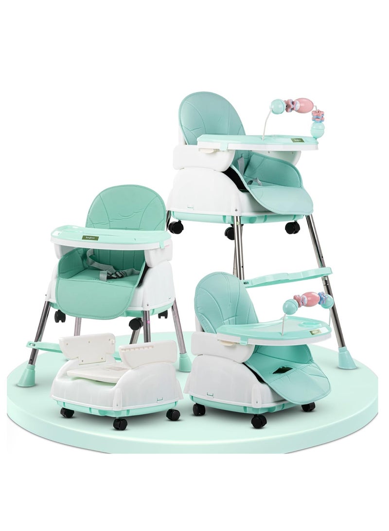 كرسي مرتفع 4 في 1 نورا قابل للتحويل للأطفال مع ارتفاع قابل للتعديل ومسند للقدمين من TOYS-EGYPT ، مقعد معزز لإطعام الأطفال الصغار مع صينية وعجلات وحزام أمان ووسادة لمدة 6 أشهر إلى 4 سنوات (أخضر) - Image 1
