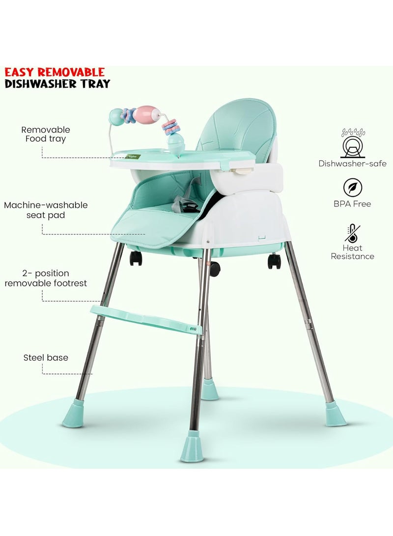 كرسي مرتفع 4 في 1 نورا قابل للتحويل للأطفال مع ارتفاع قابل للتعديل ومسند للقدمين من TOYS-EGYPT ، مقعد معزز لإطعام الأطفال الصغار مع صينية وعجلات وحزام أمان ووسادة لمدة 6 أشهر إلى 4 سنوات (أخضر) - Image 3