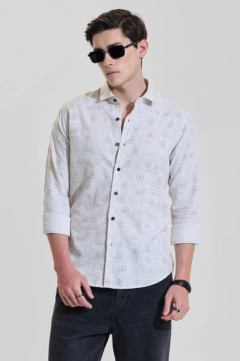 سنيتش Cream Geometric Long Sleeve Regular Fit Casual Shirt