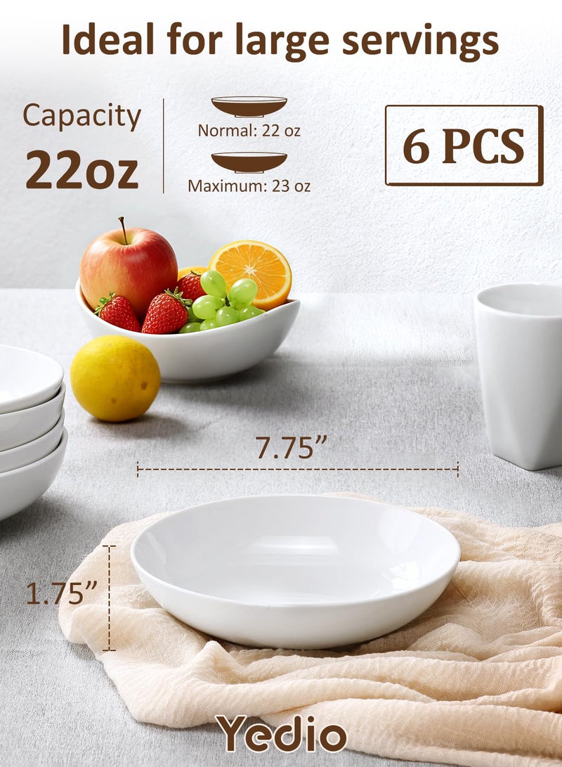 Yedio Pasta Bowls, 22oz White Salad Soup Bowls Large Pasta Serving Bowl Porcelain Pasta Plates Wide and Shallow Bowls Set of 6 Microwave Dishwasher Safe Valentines Day Gift - Image 2