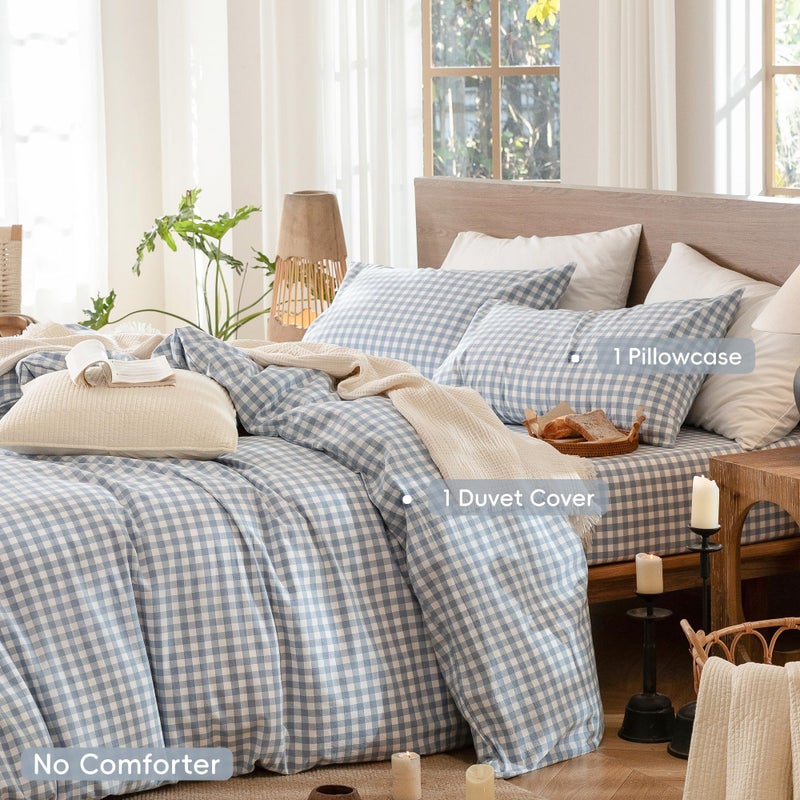 MooMee Gingham Duvet Cover Set 100% Washed Cotton Linen Like Textured Breathable Durable Soft Comfy Modern Checkered Design (Classic Gingham Cornflower Blue, Full 80"x90") - Image 2
