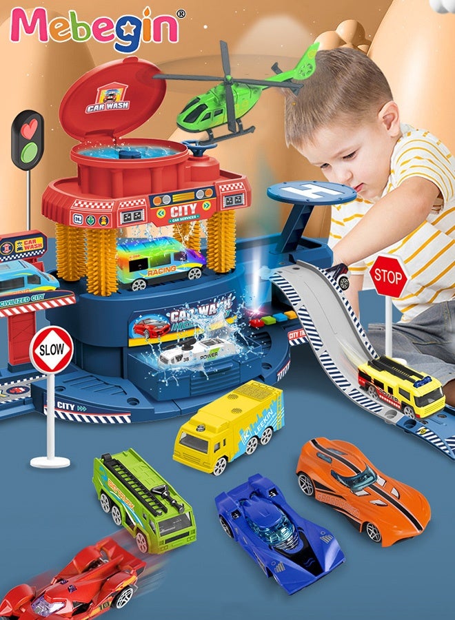 ميبيجين طقم ألعاب محطة غسيل السيارات، مجموعة ألعاب المسار مع 8 سيارات من سبيكة معدنية متغيرة الألوان وملحقات غنية، لعبة التظاهر بمشاهد غسيل المدينة الإبداعية مع الضوء والأصوات، ألعاب تفاعلية بين الوالدين والطفل، هدية مثالية للأطفال من سن 3 سنوات فأكثر - Image 1