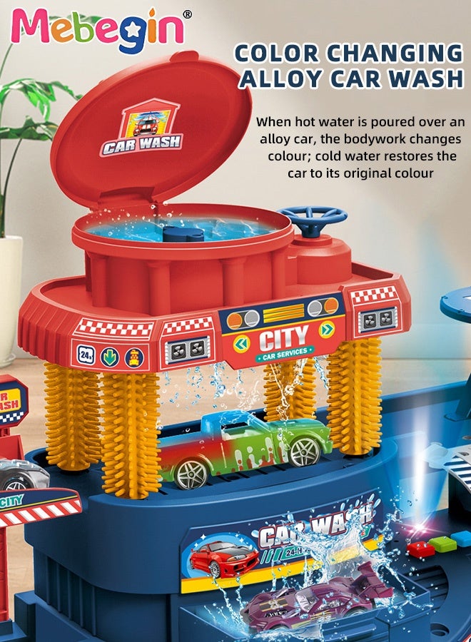 ميبيجين طقم ألعاب محطة غسيل السيارات، مجموعة ألعاب المسار مع 8 سيارات من سبيكة معدنية متغيرة الألوان وملحقات غنية، لعبة التظاهر بمشاهد غسيل المدينة الإبداعية مع الضوء والأصوات، ألعاب تفاعلية بين الوالدين والطفل، هدية مثالية للأطفال من سن 3 سنوات فأكثر - Image 3