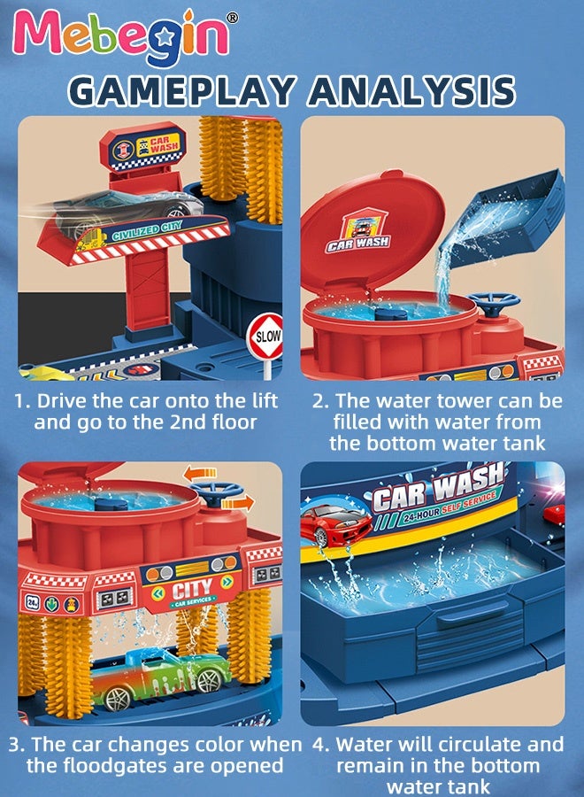 ميبيجين طقم ألعاب محطة غسيل السيارات، مجموعة ألعاب المسار مع 8 سيارات من سبيكة معدنية متغيرة الألوان وملحقات غنية، لعبة التظاهر بمشاهد غسيل المدينة الإبداعية مع الضوء والأصوات، ألعاب تفاعلية بين الوالدين والطفل، هدية مثالية للأطفال من سن 3 سنوات فأكثر - Image 5