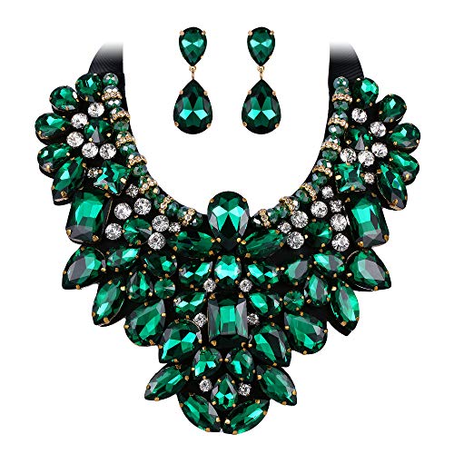 Flyonce Costume Jewelry for Women, Rhinestone Crystal Statement Necklace Earrings Set Emerald Color - Image 1