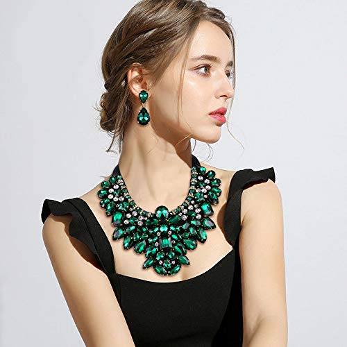 Flyonce Costume Jewelry for Women, Rhinestone Crystal Statement Necklace Earrings Set Emerald Color - Image 3