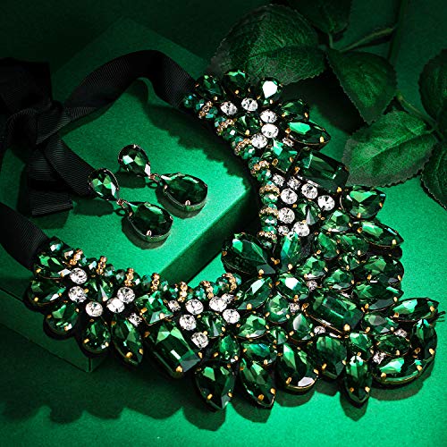 Flyonce Costume Jewelry for Women, Rhinestone Crystal Statement Necklace Earrings Set Emerald Color - Image 4