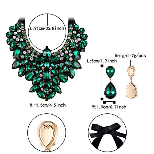 Flyonce Costume Jewelry for Women, Rhinestone Crystal Statement Necklace Earrings Set Emerald Color - Image 5