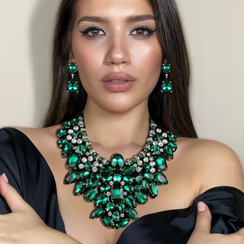 Flyonce Costume Jewelry for Women, Rhinestone Crystal Statement Necklace Earrings Set Emerald Color - Image 2