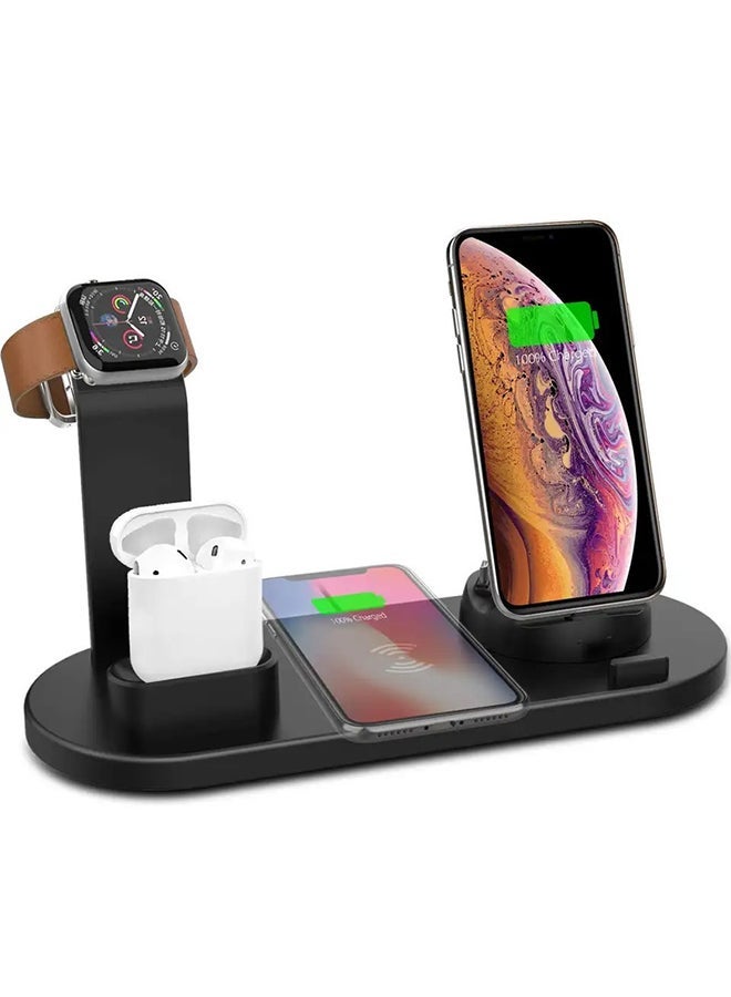 NIBEMINENT 6 in 1 Wireless Charger Station for iPhone, Apple Watch, AirPods with Type-C, Micro-USB, Lightning Dock Compatible Android/iOS Black - Image 1