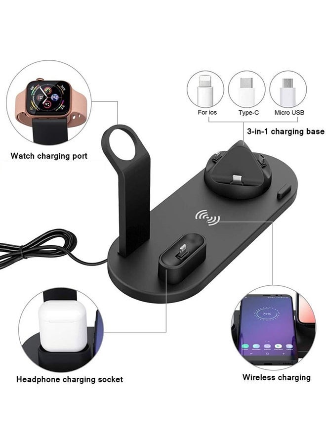 NIBEMINENT 6 in 1 Wireless Charger Station for iPhone, Apple Watch, AirPods with Type-C, Micro-USB, Lightning Dock Compatible Android/iOS Black - Image 2