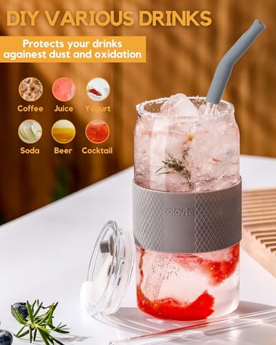 ColoVie 20oz Mixed Drinking Glasses with 6 Colors, Thicken Reusable Glass Tumblers with Lids and Straws, Removable Silicone Sleeve for Hot or Iced Drinking, Unique Colorful Glass Cups - Image 5