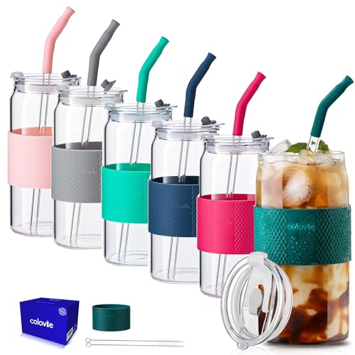 ColoVie 20oz Mixed Drinking Glasses with 6 Colors, Thicken Reusable Glass Tumblers with Lids and Straws, Removable Silicone Sleeve for Hot or Iced Drinking, Unique Colorful Glass Cups - Image 1