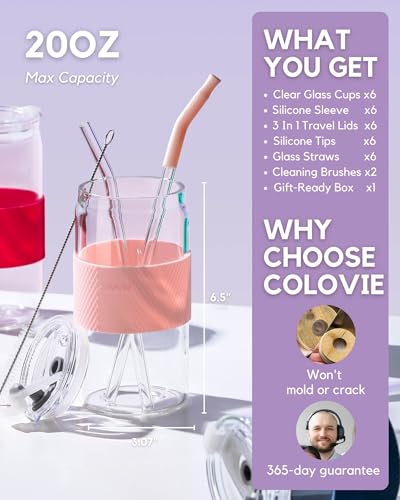 ColoVie 20oz Mixed Drinking Glasses with 6 Colors, Thicken Reusable Glass Tumblers with Lids and Straws, Removable Silicone Sleeve for Hot or Iced Drinking, Unique Colorful Glass Cups - Image 3