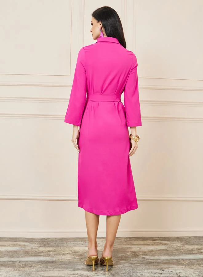 Styli Front Tie Up Shirt Midi Dress with Side Slit
