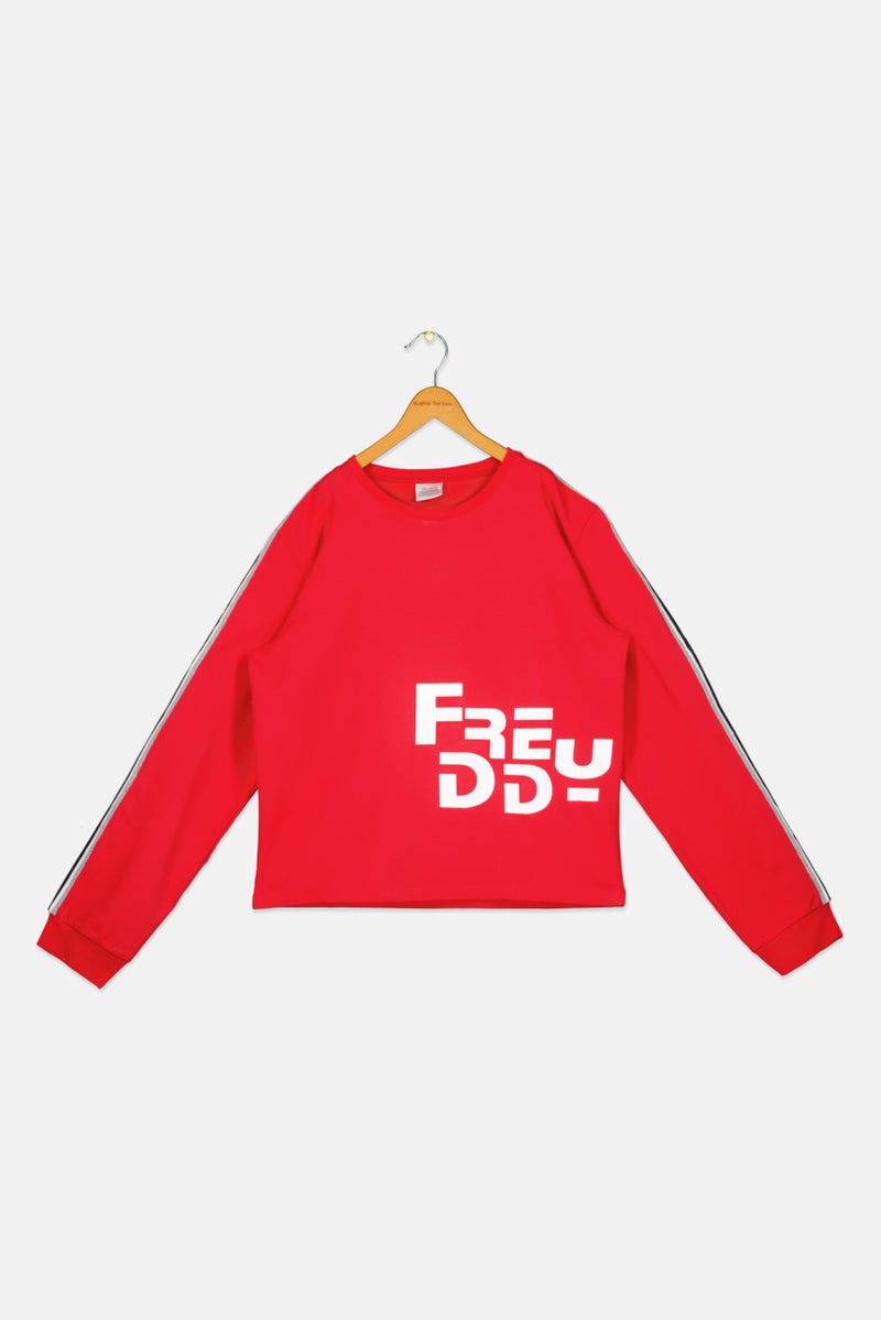 FREDDY سويت شيرت بقلنسوة بأكمام طويلة للبنات، أحمر، بشعار العلامة التجارية - Image 1