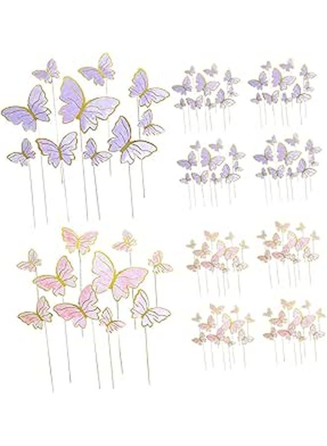 Pink Purple Gold Stripe Butterfly Cake Toppers Cupcake Picks Set 100pcs Birthday Wedding Party Decorations - Image 1
