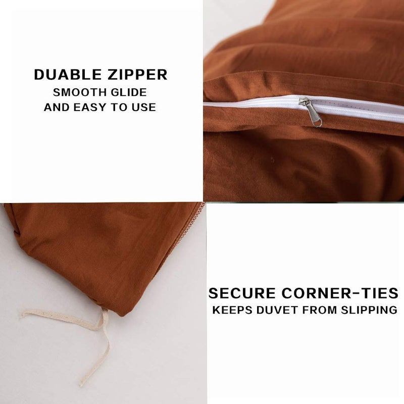 ECOCOTT Brown Duvet Cover Queen Size, 3 Piece 100% Washed Cotton 1 Duvet Cover with Zipper and 2 Pillowcases, Ultra Soft and Easy Care Breathable Cozy Bedding Set(Brown,Queen) - Image 4