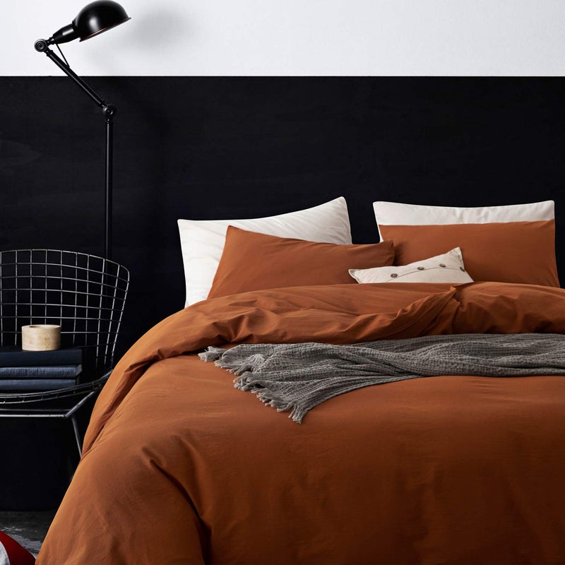 ECOCOTT Brown Duvet Cover Queen Size, 3 Piece 100% Washed Cotton 1 Duvet Cover with Zipper and 2 Pillowcases, Ultra Soft and Easy Care Breathable Cozy Bedding Set(Brown,Queen) - Image 1