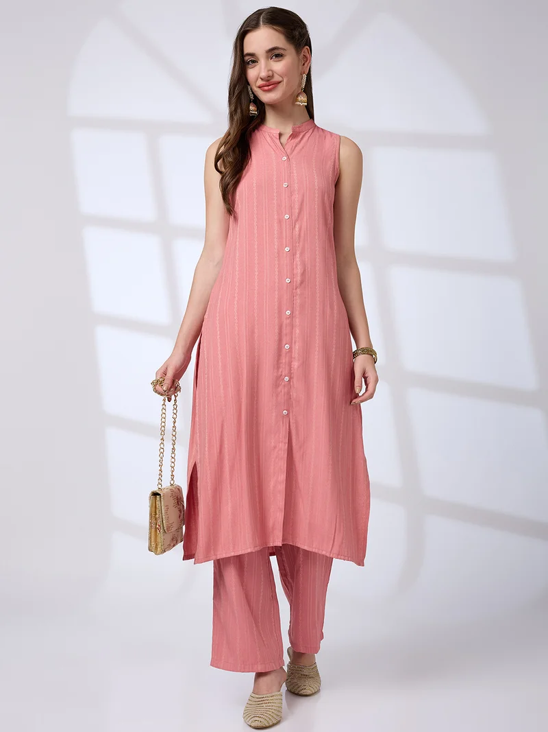 globus Globus Women Mandarin Collar Woven Design Front Slit A-Line Kurta With Pants Workwear Set