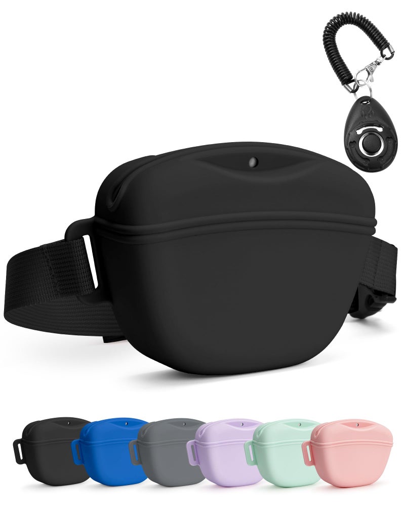 heouvo Dog Treat Pouch with Training Clicker, Upgrade Stronger Magnetic Closure to Avoid Spilling, 1.67 Cup Silicone Treat Bag Fanny Pack with Waist Belt for Pet Training Walking (Black) - Image 1