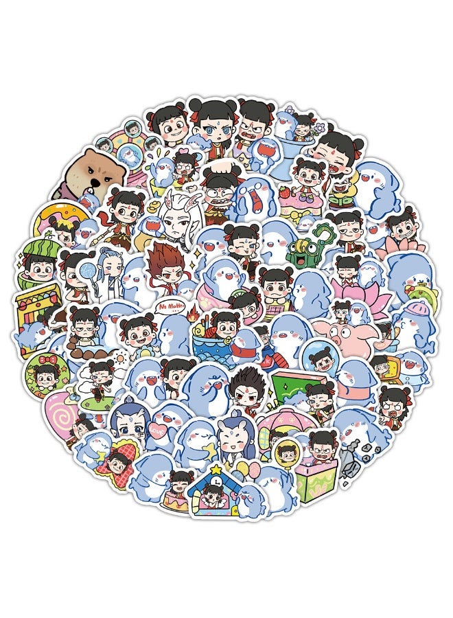 NIBEMINENT 100 Pcs Cartoon Nezha Doudou Shark Deco Kit Waterproof Stickers, High Definition Printing Bright Colors, Suitable for Laptop Skateboard Luggage Water Bottle Guitar DIY - Image 3