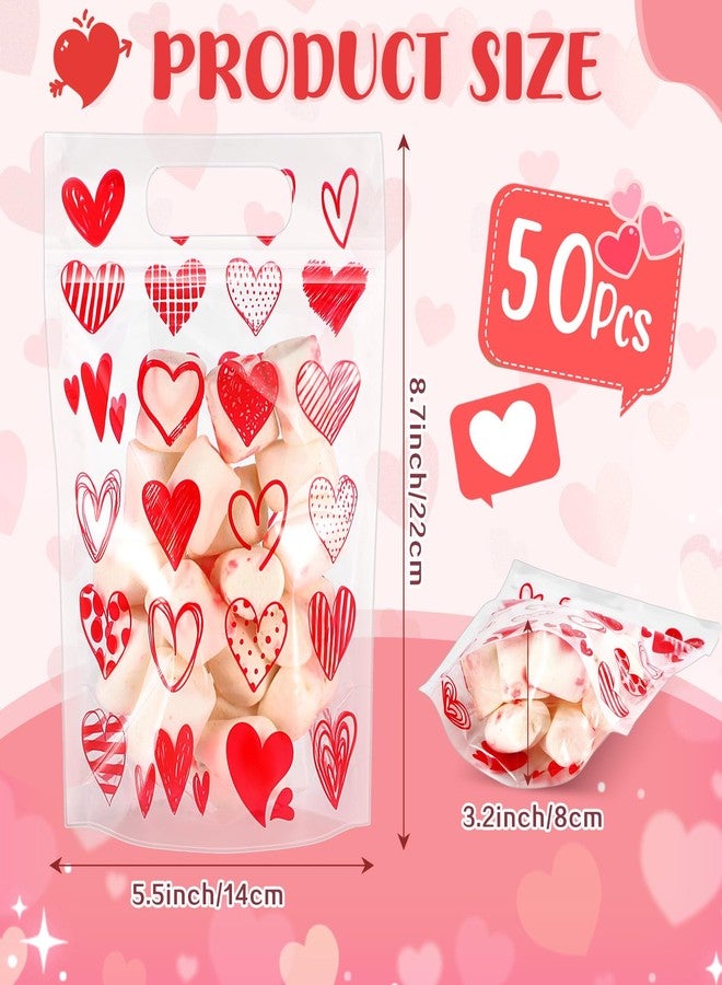 Blosssound 50 Pcs Valentine's Day Gift Bags Red Valentines Zipper Plastic Bags Reusable Red Heart Pouch with Handles Galentines Day Pouch for Classroom Wedding Birthday Party Favor (Mixed Valentines) - Image 2